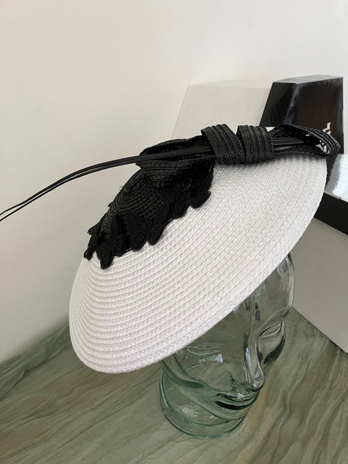Ladies black and white fascinator hat with black butterfies